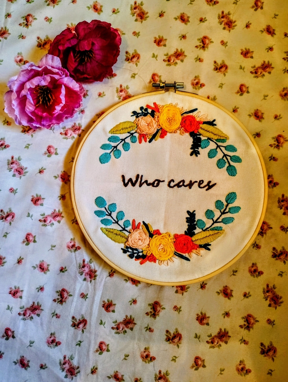 🧡 Hand Embroidered floral "Who Cares" Because I don't kind of sass...
